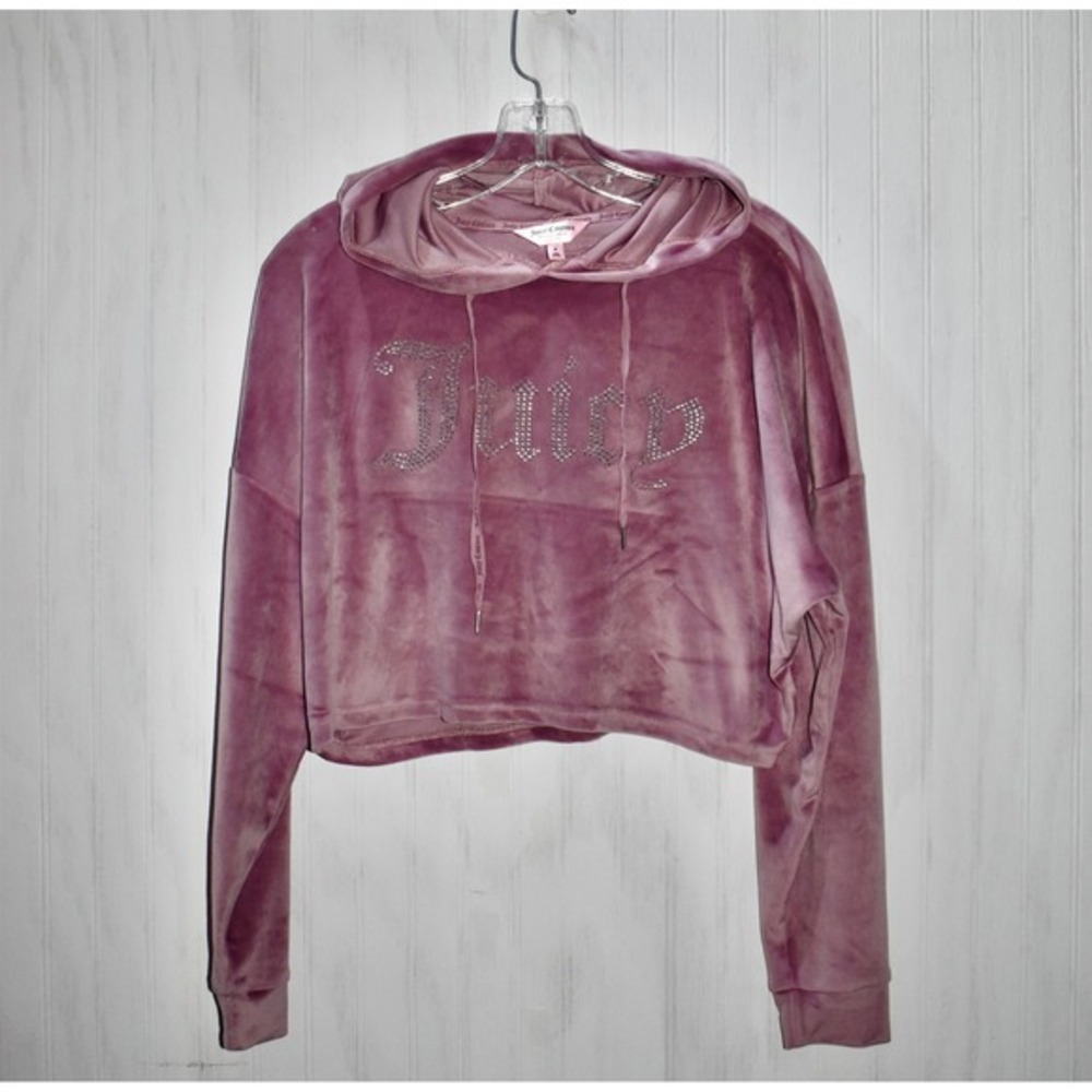 Juicy Couture Velour Hoodie Rhinestone Cropped Pullover Sweatshirt‎ Small